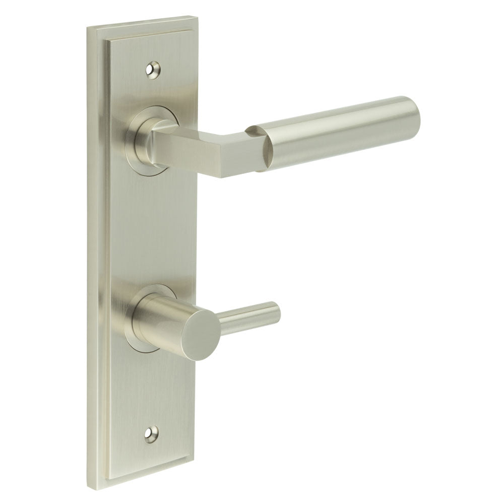 High quality image of Burlington - Westminster Door Handle Din Bathroom Backplate Satin Nickel & Turn & Release Sku. BUR-30SN-456SN-82SN
