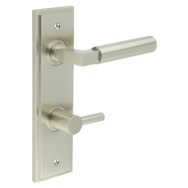 High quality image of Burlington - Westminster Door Handle Din Bathroom Backplate Satin Nickel & Turn & Release Sku. BUR-30SN-456SN-82SN