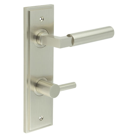 This is an image showing the Frelan - Westminster Door Handle Din Bathroom Backplate Satin Nickel & Turn & Release available to order from Trade Door Handles in Kendal