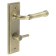 This is an image showing the Frelan - Highgate Door Handle Din Bathroom Backplate Antique Brass & Turn & Release available to order from Trade Door Handles in Kendal