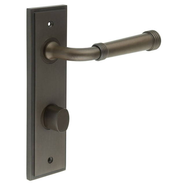 This is an image showing the Frelan - Highgate Door Handle Din Bathroom Backplate Dark Bronze & Turn & Release available to order from Trade Door Handles in Kendal