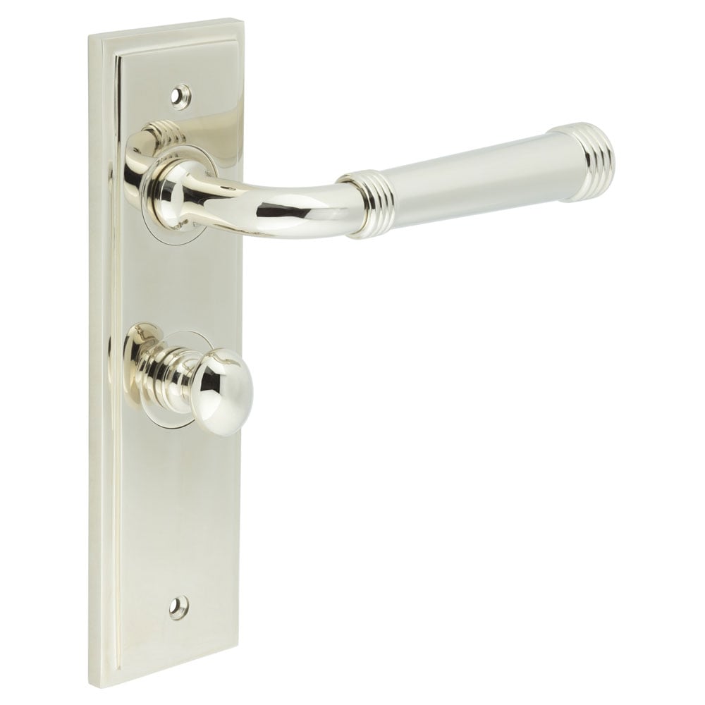 This is an image showing the Frelan - Highgate Door Handle Bathroom Backplate Polished Nickel & Turn & Release available to order from Trade Door Handles in Kendal