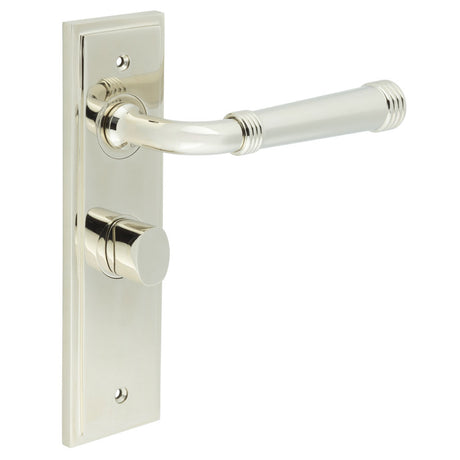 High quality image of Burlington - Highgate Door Handle Bathroom Backplate Polished Nickel & Turn & Release Sku. BUR-35PN-453PN-81PN