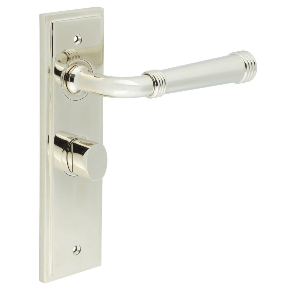 This is an image showing the Frelan - Highgate Door Handle Bathroom Backplate Polished Nickel & Turn & Release available to order from Trade Door Handles in Kendal