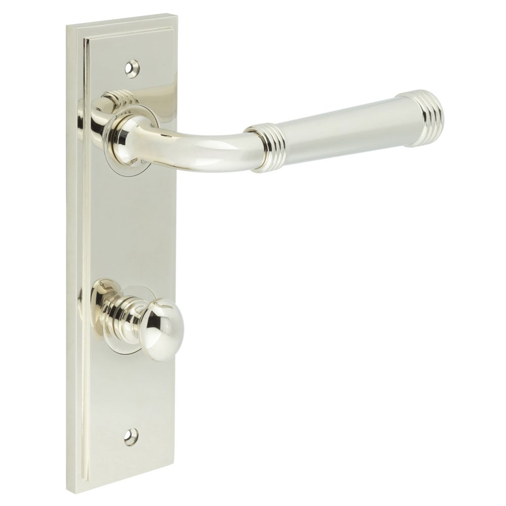 This is an image showing the Frelan - Highgate Door Handle Din Bathroom Backplate Polished Nickel & Turn & Release available to order from Trade Door Handles in Kendal