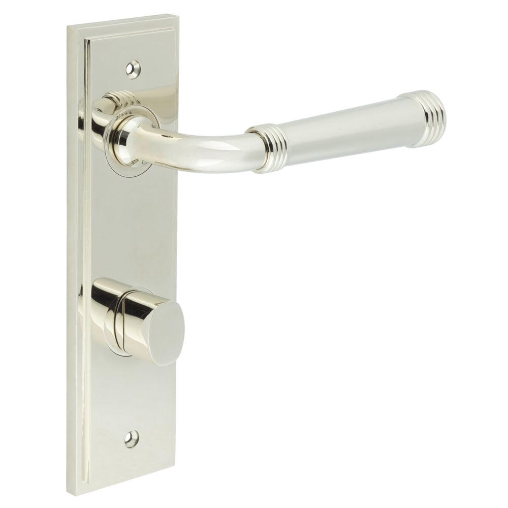 This is an image showing the Frelan - Highgate Door Handle Din Bathroom Backplate Polished Nickel & Turn & Release available to order from Trade Door Handles in Kendal