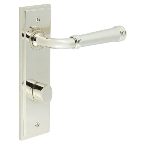 This is an image showing the Frelan - Highgate Door Handle Din Bathroom Backplate Polished Nickel & Turn & Release available to order from Trade Door Handles in Kendal