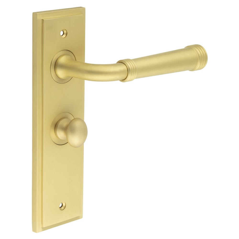 This is an image showing the Frelan - Highgate Door Handle Bathroom Backplate Satin Brass & Turn & Release available to order from Trade Door Handles in Kendal