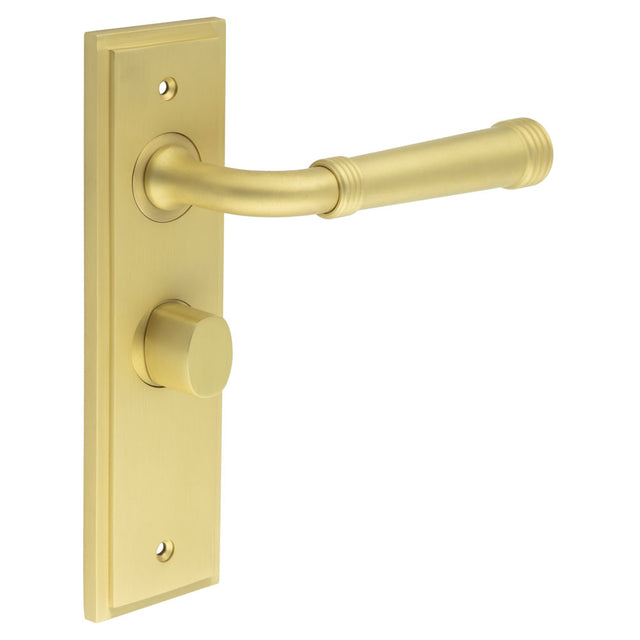 High quality image of Burlington - Highgate Door Handle Bathroom Backplate Satin Brass & Turn & Release Sku. BUR-35SB-453SB-81SB