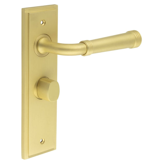 This is an image showing the Frelan - Highgate Door Handle Bathroom Backplate Satin Brass & Turn & Release available to order from Trade Door Handles in Kendal