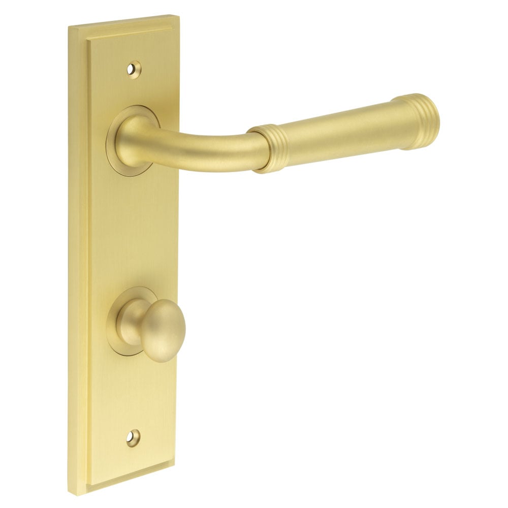 This is an image showing the Frelan - Highgate Door Handle Din Bathroom Backplate Satin Brass & Turn & Release available to order from Trade Door Handles in Kendal