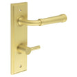 This is an image showing the Frelan - Highgate Door Handle Din Bathroom Backplate Satin Brass & Turn & Release available to order from Trade Door Handles in Kendal