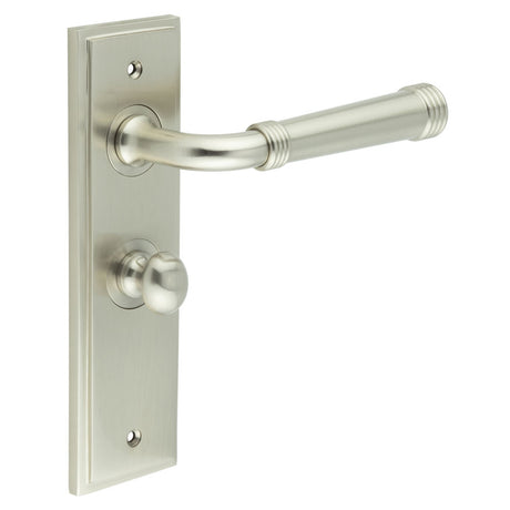 High quality image of Burlington - Highgate Door Handle Bathroom Backplate Satin Nickel & Turn & Release Sku. BUR-35SN-453SN-80SN