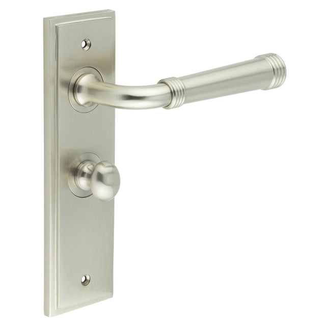 This is an image showing the Frelan - Highgate Door Handle Bathroom Backplate Satin Nickel & Turn & Release available to order from Trade Door Handles in Kendal