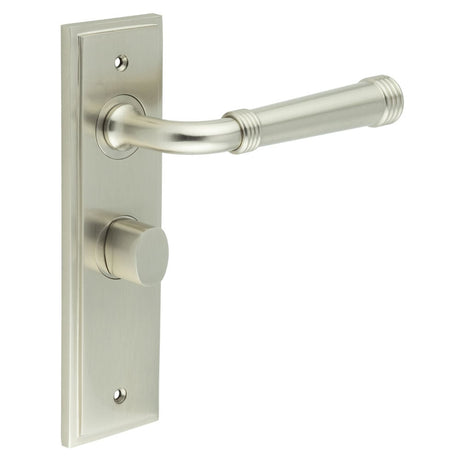 This is an image showing the Frelan - Highgate Door Handle Bathroom Backplate Satin Nickel & Turn & Release available to order from Trade Door Handles in Kendal