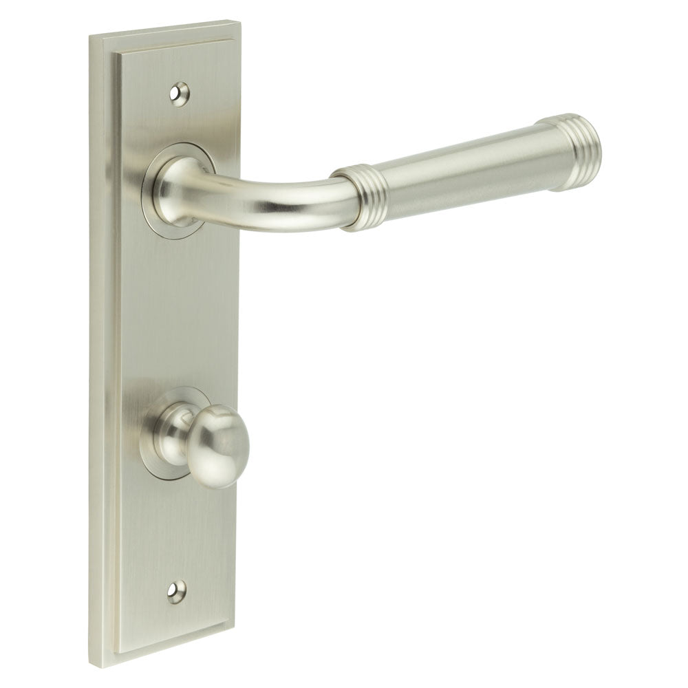 High quality image of Burlington - Highgate Door Handle Din Bathroom Backplate Satin Nickel & Turn & Release Sku. BUR-35SN-456SN-80SN
