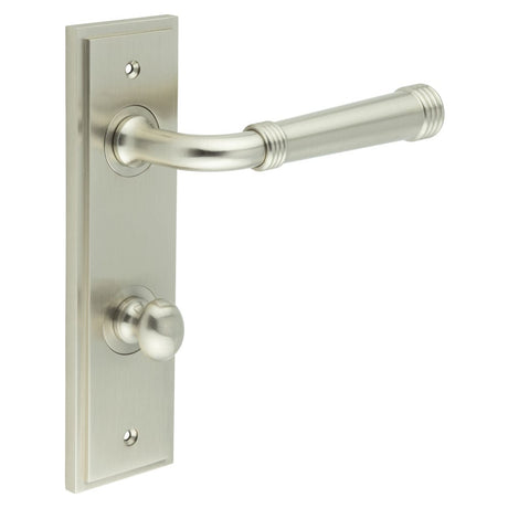 This is an image showing the Frelan - Highgate Door Handle Din Bathroom Backplate Satin Nickel & Turn & Release available to order from Trade Door Handles in Kendal