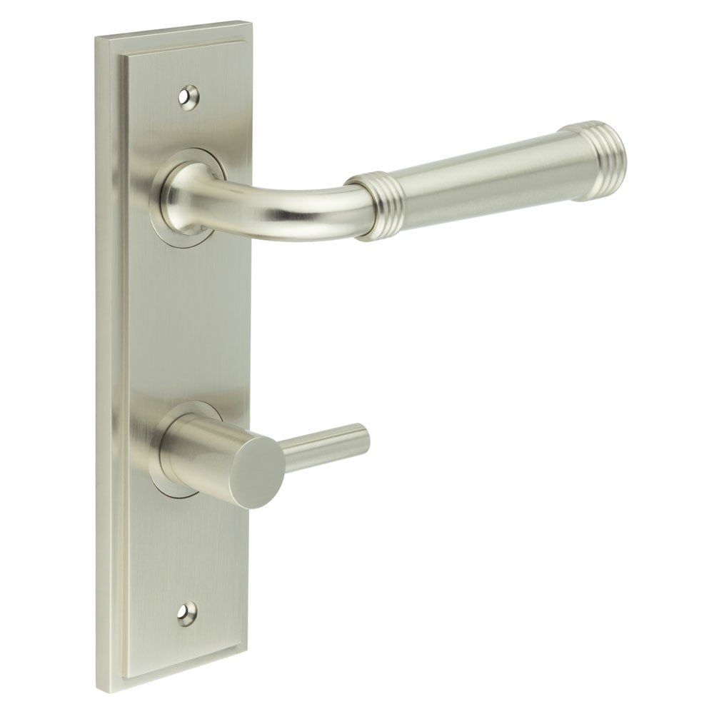 This is an image showing the Frelan - Highgate Door Handle Din Bathroom Backplate Satin Nickel & Turn & Release available to order from Trade Door Handles in Kendal