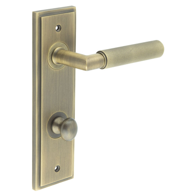 High quality image of Burlington - Piccadilly Door Handle Din Bathroom Backplate Antique Brass & Turn & Release Sku. BUR-40AB-456AB-80AB