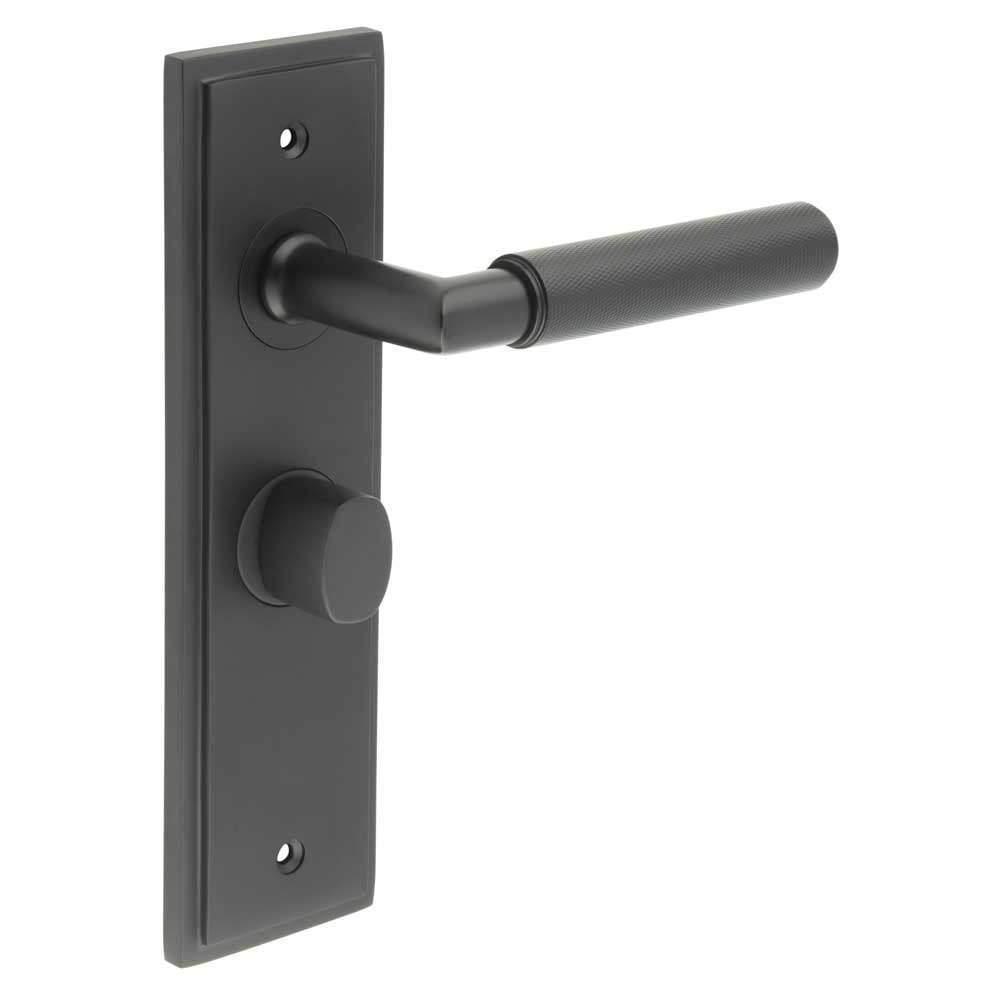 This is an image showing the Frelan - Piccadilly Door Handle Bathroom Backplate Black & Turn & Release available to order from Trade Door Handles in Kendal