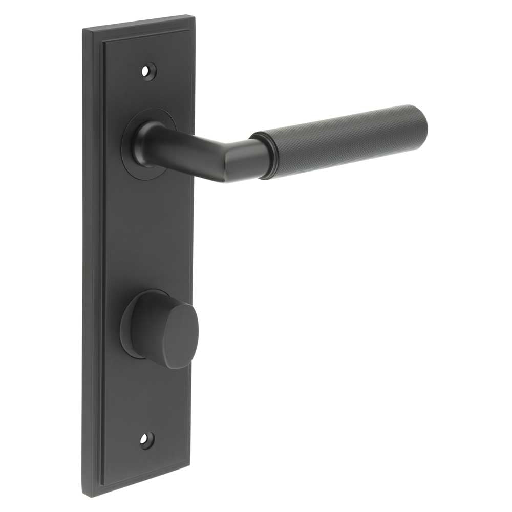 This is an image showing the Frelan - Piccadilly Door Handle Din Bathroom Backplate Black & Turn & Release available to order from Trade Door Handles in Kendal