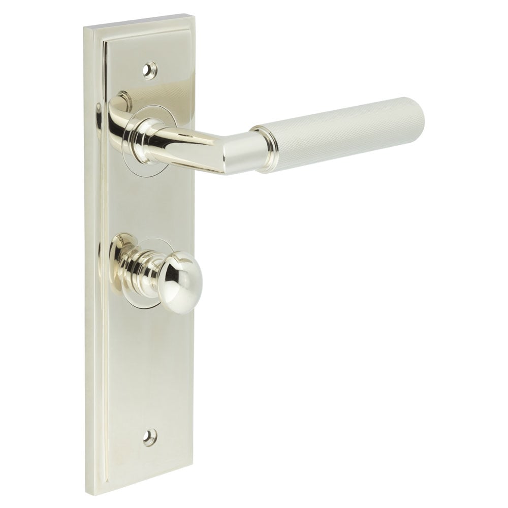 This is an image showing the Frelan - Piccadilly Door Handle Bathroom Backplate Polished Nickel & Turn & Release available to order from Trade Door Handles in Kendal