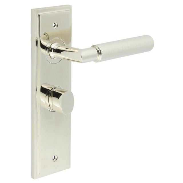 This is an image showing the Frelan - Piccadilly Door Handle Bathroom Backplate Polished Nickel & Turn & Release available to order from Trade Door Handles in Kendal