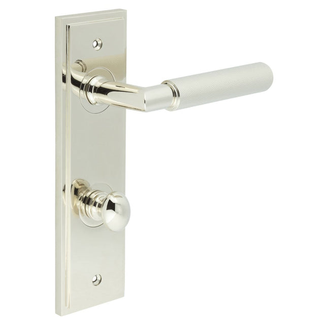 This is an image showing the Frelan - Piccadilly Door Handle Bathroom Din Backplate Polished Nickel & Turn & Release available to order from Trade Door Handles in Kendal