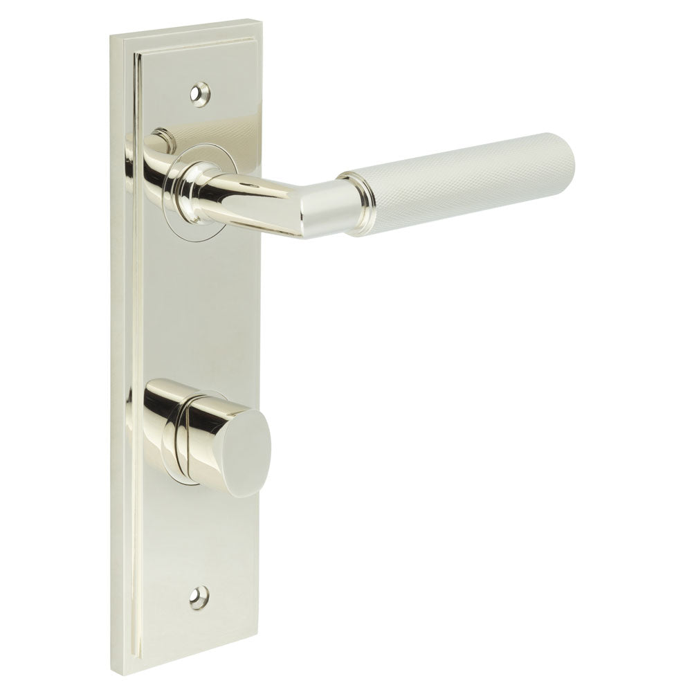 High quality image of Burlington - Piccadilly Door Handle Bathroom Din Backplate Polished Nickel & Turn & Release Sku. BUR-40PN-456PN-81PN