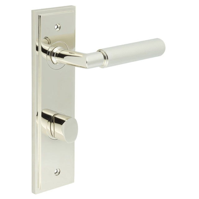 This is an image showing the Frelan - Piccadilly Door Handle Bathroom Din Backplate Polished Nickel & Turn & Release available to order from Trade Door Handles in Kendal