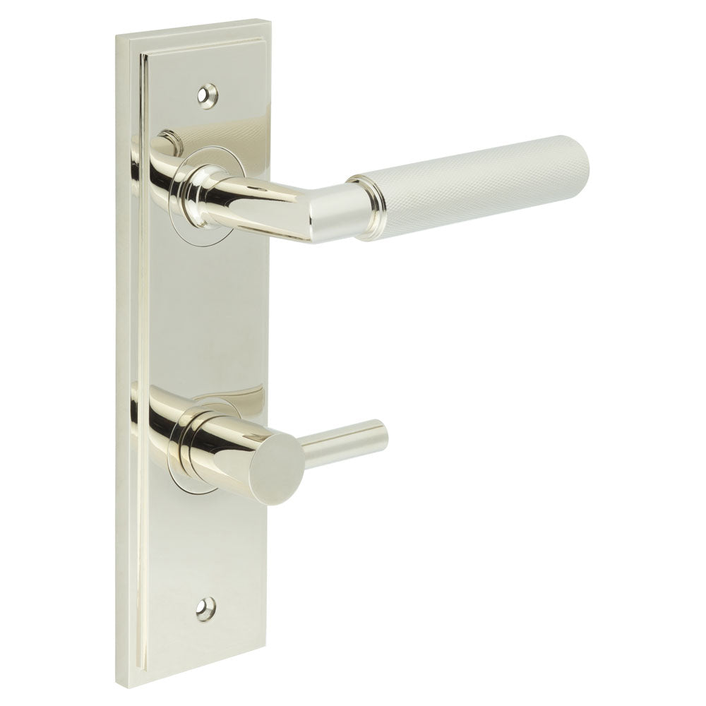 High quality image of Burlington - Piccadilly Door Handle Bathroom Din Backplate Polished Nickel & Turn & Release Sku. BUR-40PN-456PN-82PN