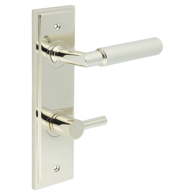 High quality image of Burlington - Piccadilly Door Handle Bathroom Din Backplate Polished Nickel & Turn & Release Sku. BUR-40PN-456PN-82PN