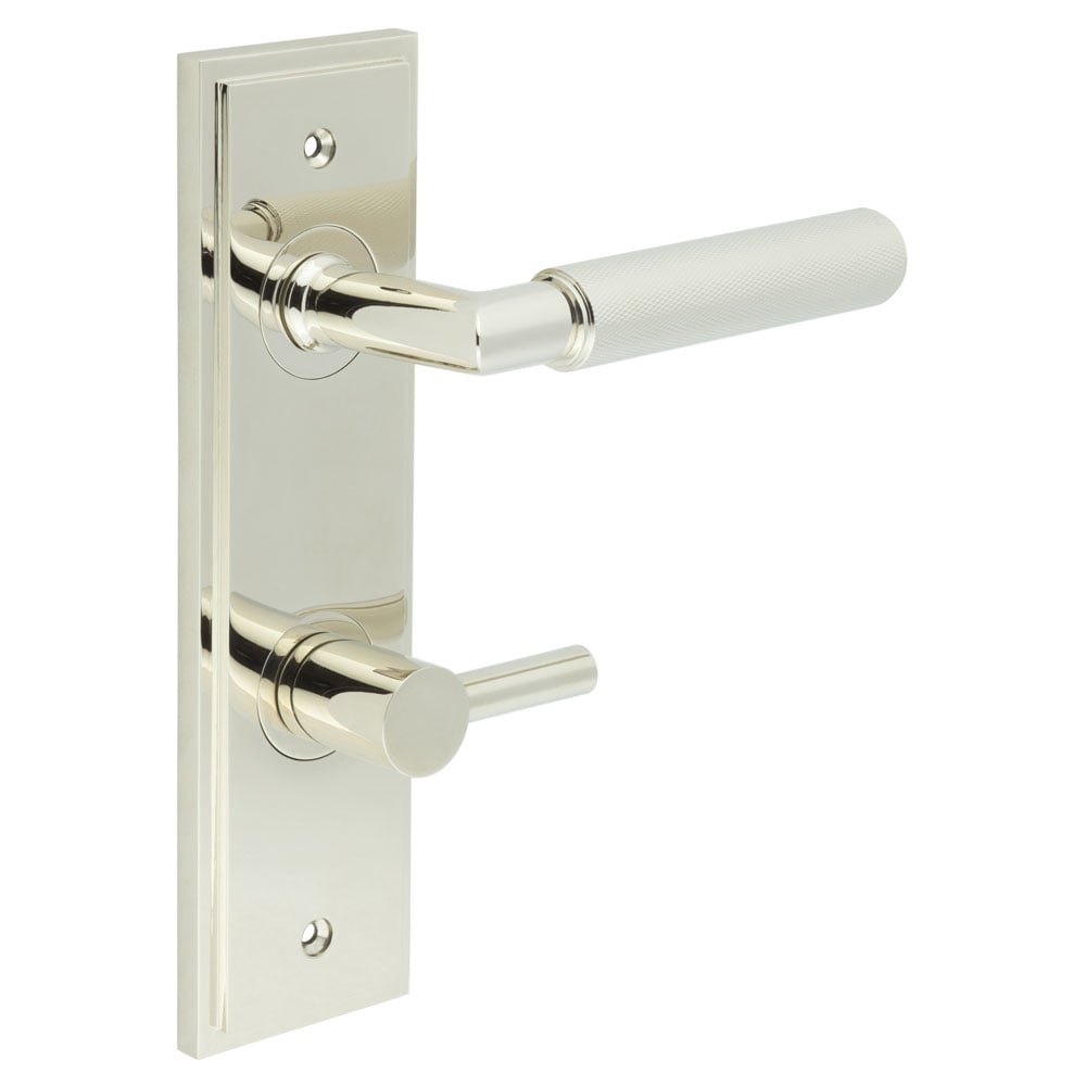 This is an image showing the Frelan - Piccadilly Door Handle Bathroom Din Backplate Polished Nickel & Turn & Release available to order from Trade Door Handles in Kendal