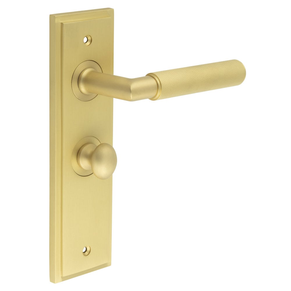 This is an image showing the Frelan - Piccadilly Door Handle Bathroom Backplate Satin Brass & Turn & Release available to order from Trade Door Handles in Kendal