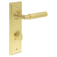 This is an image showing the Frelan - Piccadilly Door Handle Bathroom Din Backplate Satin Brass & Turn & Release available to order from Trade Door Handles in Kendal