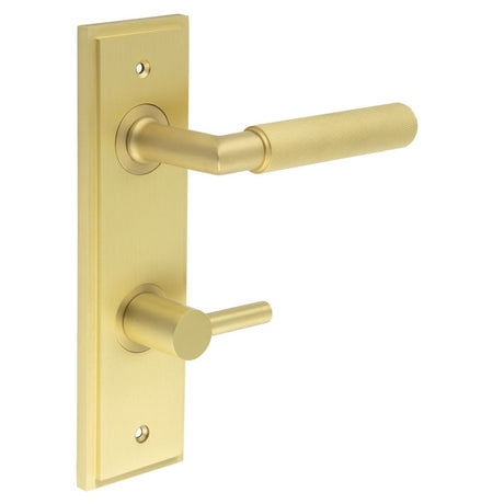 This is an image showing the Frelan - Piccadilly Door Handle Bathroom Din Backplate Satin Brass & Turn & Release available to order from Trade Door Handles in Kendal