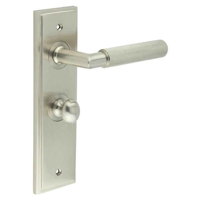 This is an image showing the Frelan - Piccadilly Door Handle Bathroom Backplate Satin Nickel & Turn & Release available to order from Trade Door Handles in Kendal