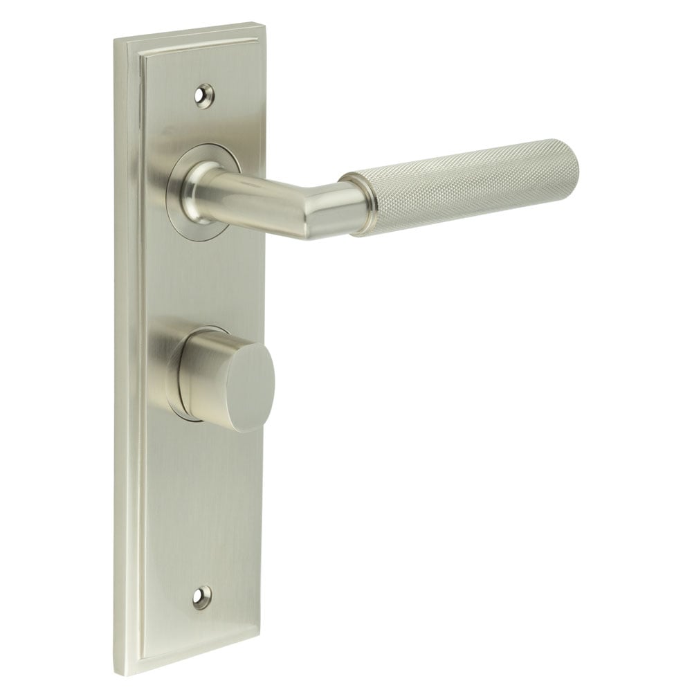 This is an image showing the Frelan - Piccadilly Door Handle Bathroom Backplate Satin Nickel & Turn & Release available to order from Trade Door Handles in Kendal