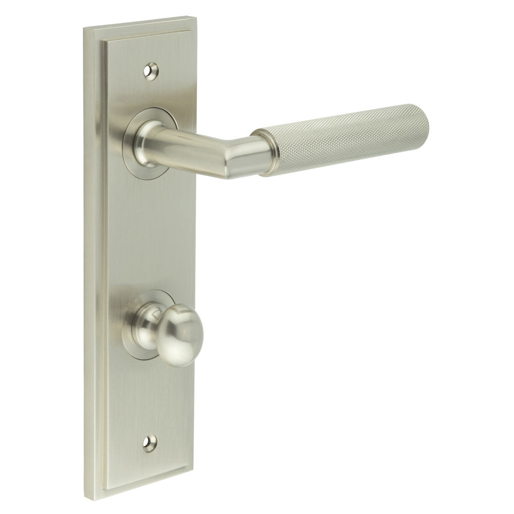 High quality image of Burlington - Piccadilly Door Handle Din Bathroom Backplate Satin Nickel & Turn & Release Sku. BUR-40SN-456SN-80SN