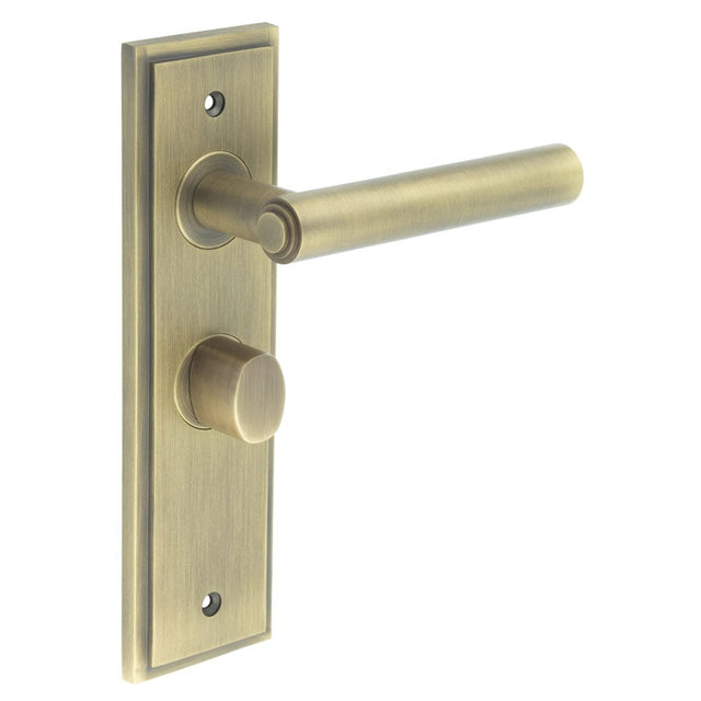 This is an image showing the Frelan - Richmond Door Handle Bathroom Backplate Antique Brass & Turn & Release available to order from Trade Door Handles in Kendal