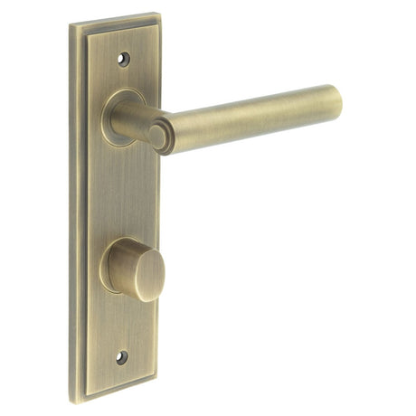 This is an image showing the Frelan - Richmond Door Handle Din Bathroom Backplate Antique Brass & Turn & Release available to order from Trade Door Handles in Kendal