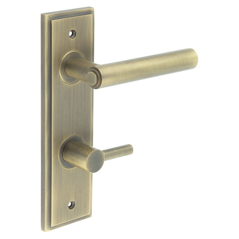 This is an image showing the Frelan - Richmond Door Handle Din Bathroom Backplate Antique Brass & Turn & Release available to order from Trade Door Handles in Kendal