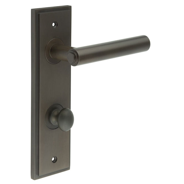 This is an image showing the Frelan - Richmond Door Handle Din Bathroom Backplate Dark Bronze & Turn & Release available to order from Trade Door Handles in Kendal