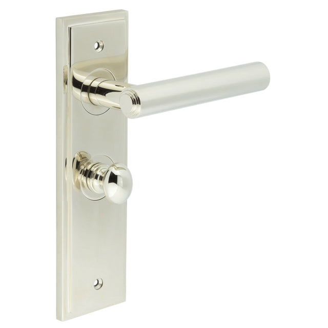 High quality image of Burlington - Richmond Door Handle Bathroom Backplate Polished Nickel & Turn & Release Sku. BUR-45PN-453PN-80PN