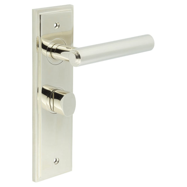 This is an image showing the Frelan - Richmond Door Handle Bathroom Backplate Polished Nickel & Turn & Release available to order from Trade Door Handles in Kendal