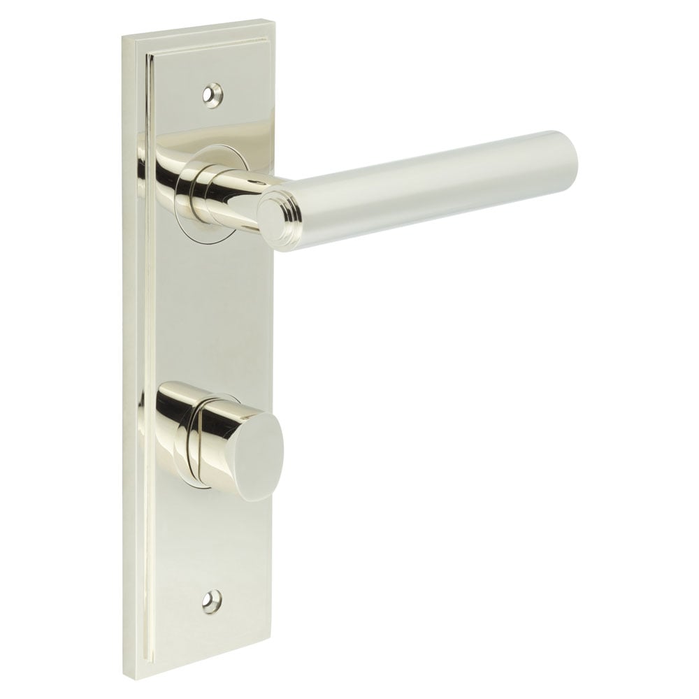 This is an image showing the Frelan - Richmond Door Handle Din Bathroom Backplate Polished Nickel & Turn & Release available to order from Trade Door Handles in Kendal