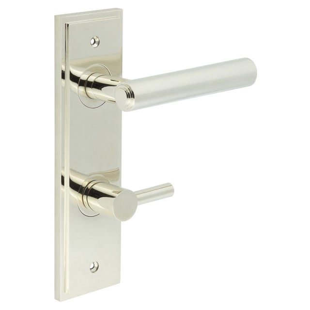 This is an image showing the Frelan - Richmond Door Handle Din Bathroom Backplate Polished Nickel & Turn & Release available to order from Trade Door Handles in Kendal