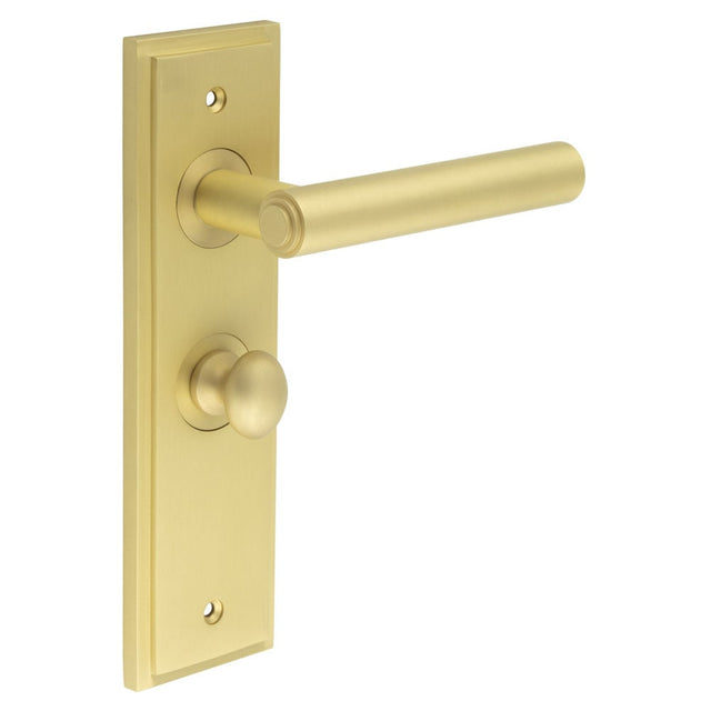 This is an image showing the Frelan - Richmond Door Handle Bathroom Backplate Satin Brass & Turn & Release available to order from Trade Door Handles in Kendal