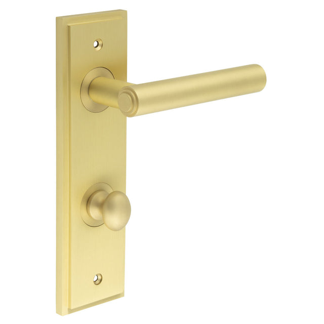 High quality image of Burlington - Richmond Door Handle Din Bathroom Backplate Satin Brass & Turn & Release Sku. BUR-45SB-456SB-80SB