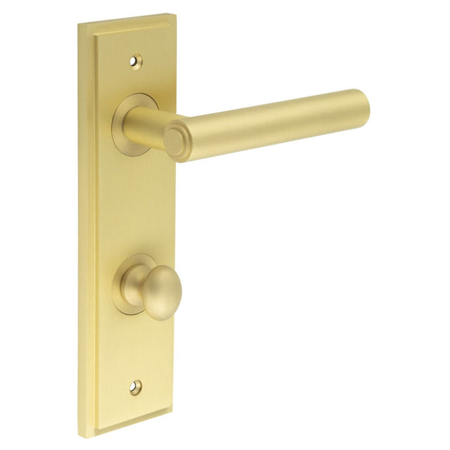 This is an image showing the Frelan - Richmond Door Handle Din Bathroom Backplate Satin Brass & Turn & Release available to order from Trade Door Handles in Kendal